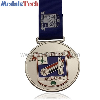 Round shape silver plated custom academy medals with printed lanyards