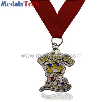 Custom cheap novelty silver soft enamel medal with red ribbon